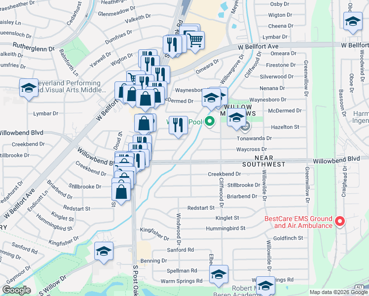 map of restaurants, bars, coffee shops, grocery stores, and more near 10617 Willowgrove Drive in Houston