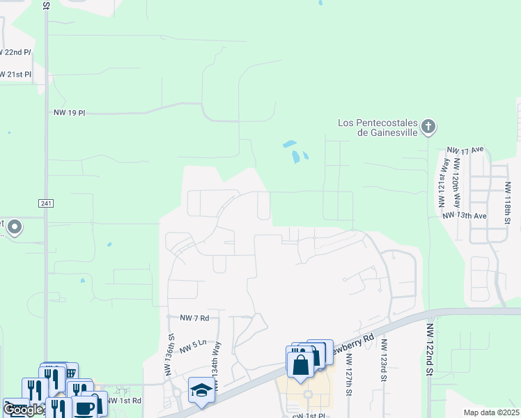 map of restaurants, bars, coffee shops, grocery stores, and more near 1197 Northwest 136th Street in Newberry