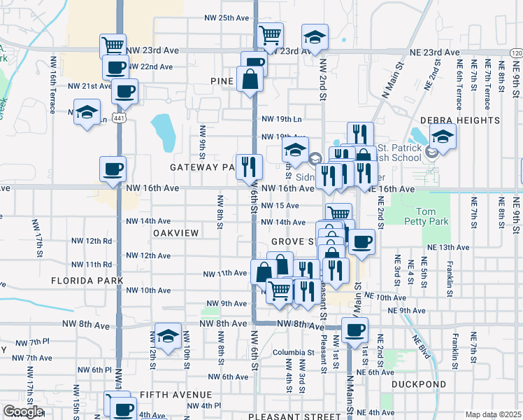 map of restaurants, bars, coffee shops, grocery stores, and more near 1425 Northwest 6th Street in Gainesville