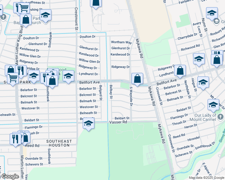map of restaurants, bars, coffee shops, grocery stores, and more near 6002 Belarbor Street in Houston