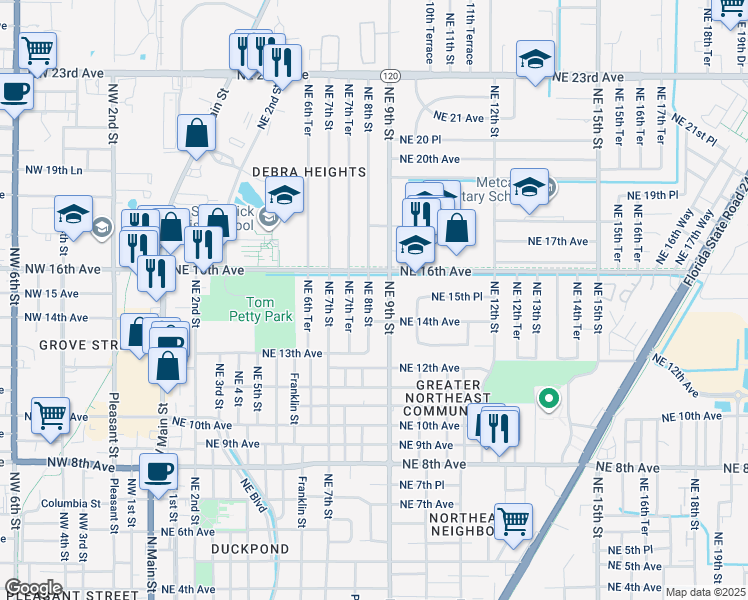 map of restaurants, bars, coffee shops, grocery stores, and more near 1425 Northeast 8th Street in Gainesville