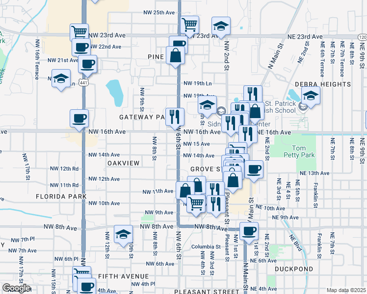 map of restaurants, bars, coffee shops, grocery stores, and more near 1425 Northwest 6th Street in Gainesville