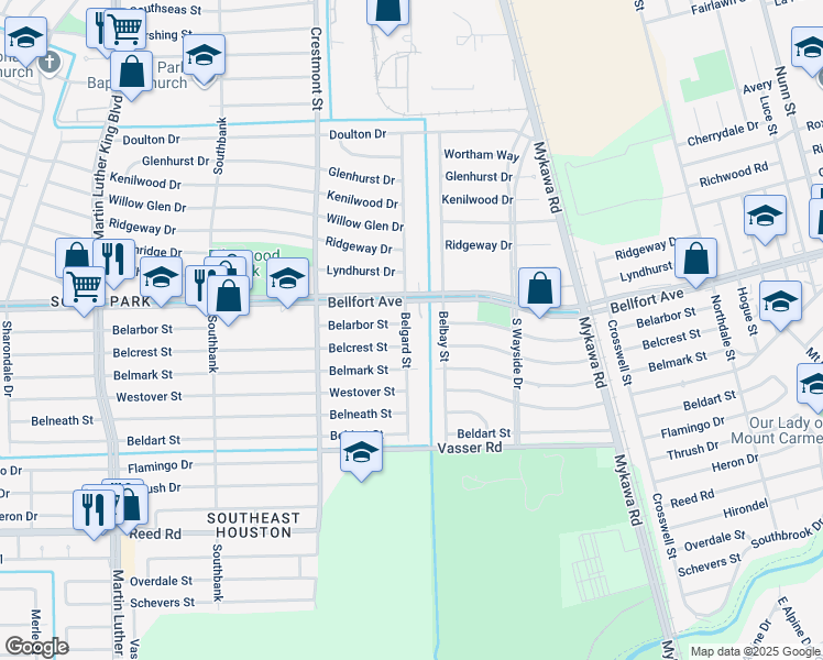 map of restaurants, bars, coffee shops, grocery stores, and more near 7823 Belgard Street in Houston