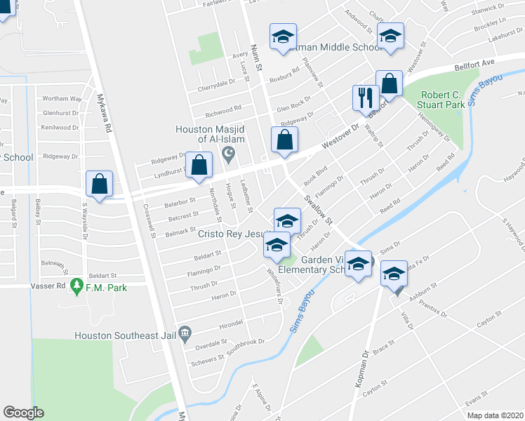 map of restaurants, bars, coffee shops, grocery stores, and more near 6802 Westover Street in Houston
