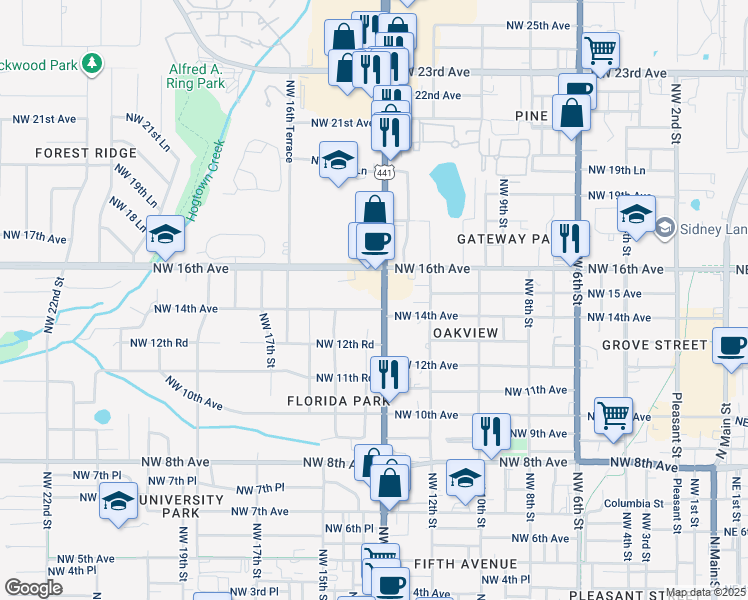 map of restaurants, bars, coffee shops, grocery stores, and more near 1410 Northwest 13th Street in Gainesville