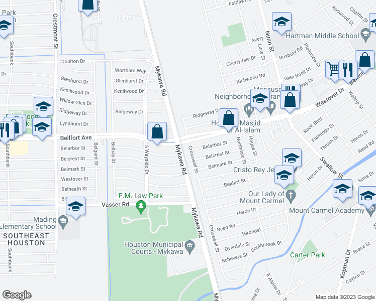 map of restaurants, bars, coffee shops, grocery stores, and more near 6520 Crosswell Street in Houston
