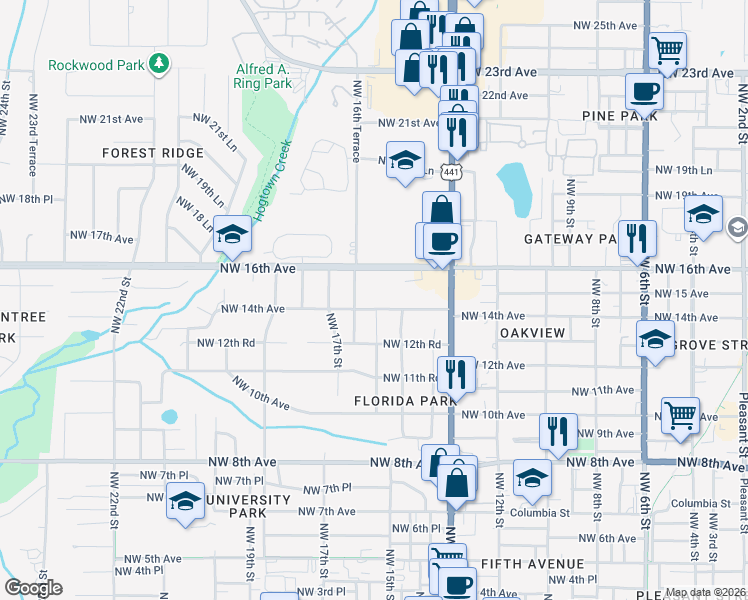 map of restaurants, bars, coffee shops, grocery stores, and more near 1606 Northwest 14th Avenue in Gainesville