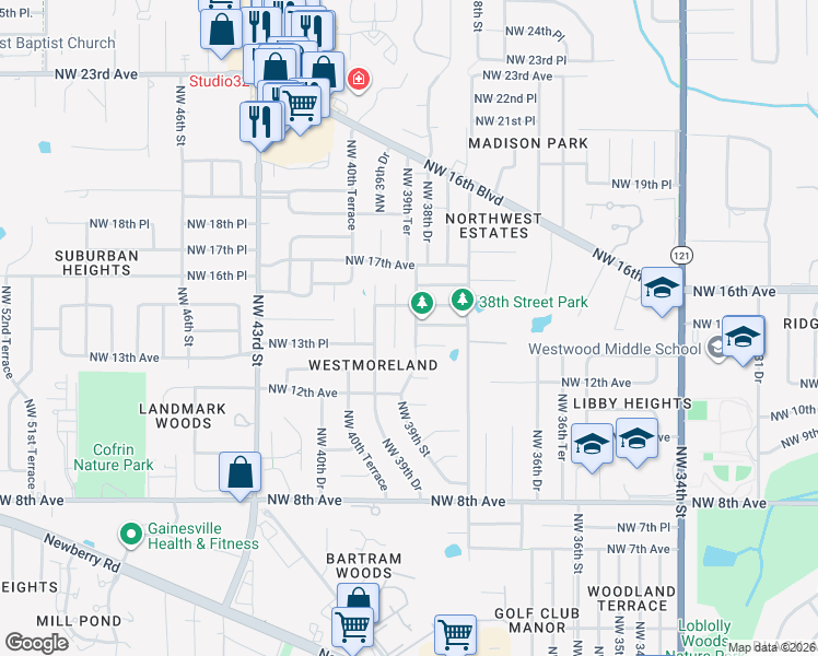 map of restaurants, bars, coffee shops, grocery stores, and more near 1400 Northwest 39th Street in Gainesville