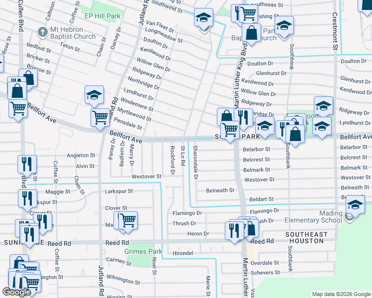 map of restaurants, bars, coffee shops, grocery stores, and more near 8115 Saint Lo Road in Houston