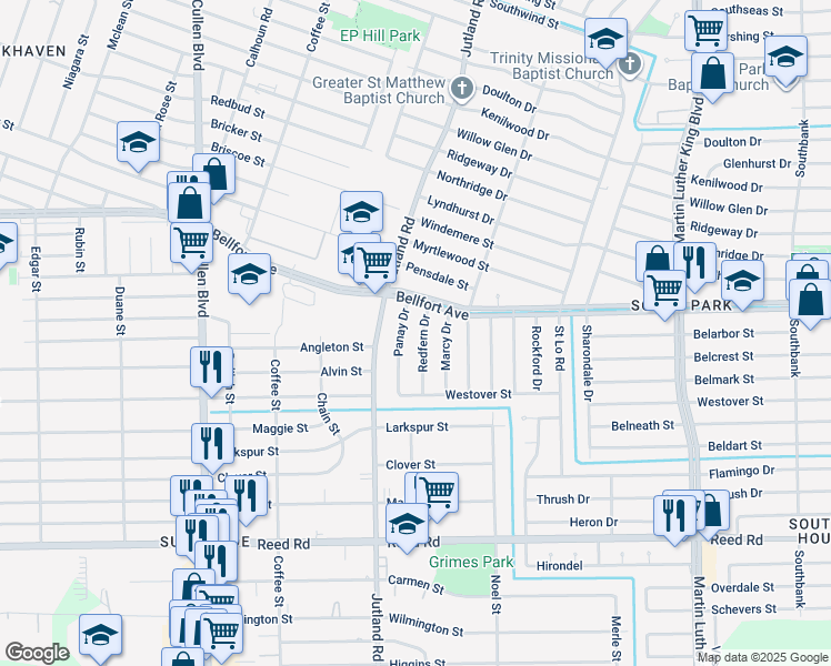 map of restaurants, bars, coffee shops, grocery stores, and more near 8122 Redfern Drive in Houston