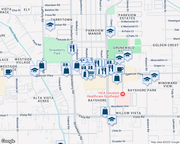 map of restaurants, bars, coffee shops, grocery stores, and more near 3439 Spencer Highway in Pasadena