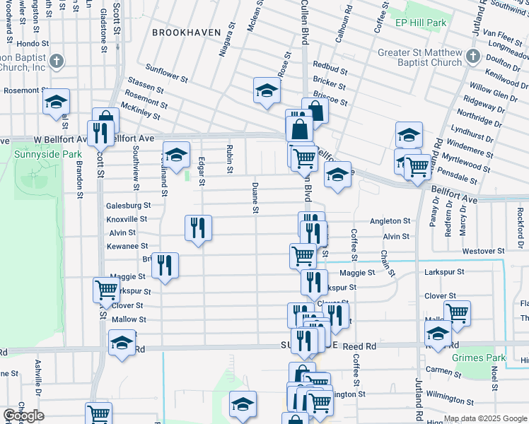 map of restaurants, bars, coffee shops, grocery stores, and more near 4611 Knoxville Street in Houston