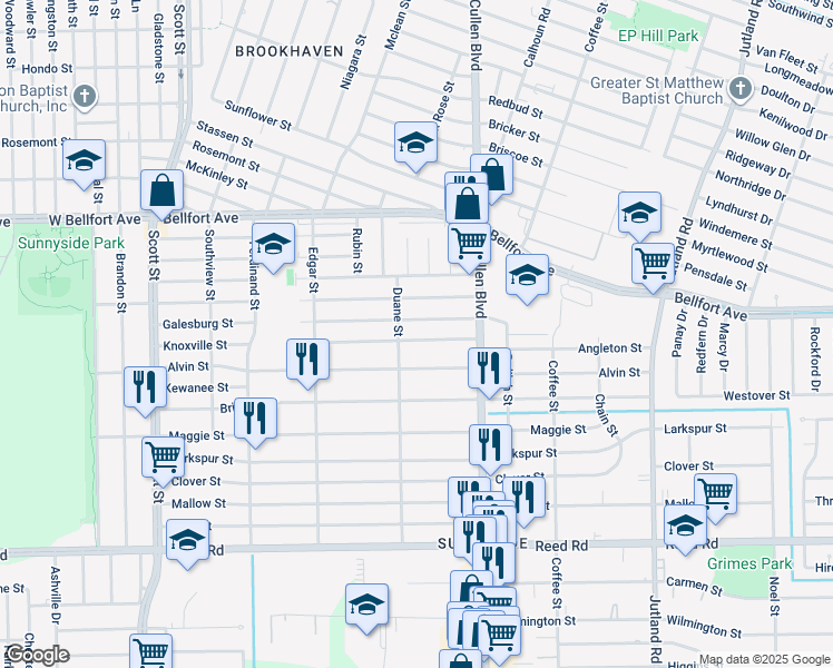 map of restaurants, bars, coffee shops, grocery stores, and more near 4613 Knoxville Street in Houston