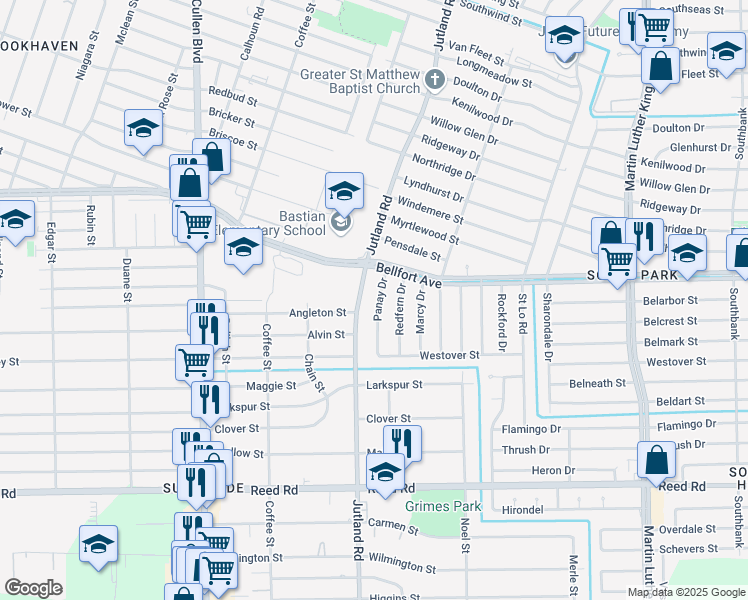 map of restaurants, bars, coffee shops, grocery stores, and more near 8122 Redfern Drive in Houston