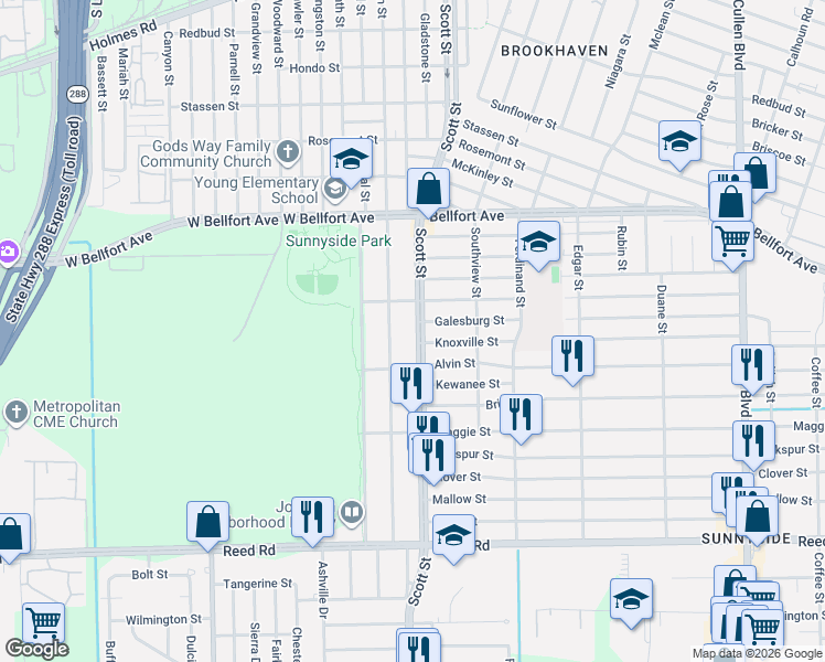 map of restaurants, bars, coffee shops, grocery stores, and more near 8726 Scott Street in Houston
