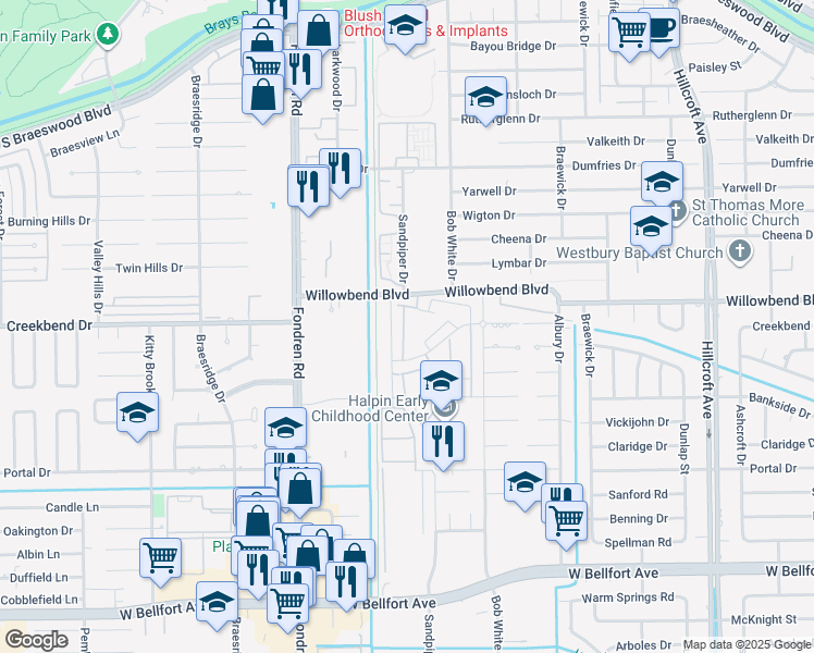 map of restaurants, bars, coffee shops, grocery stores, and more near 6428 Creekbend Drive in Houston