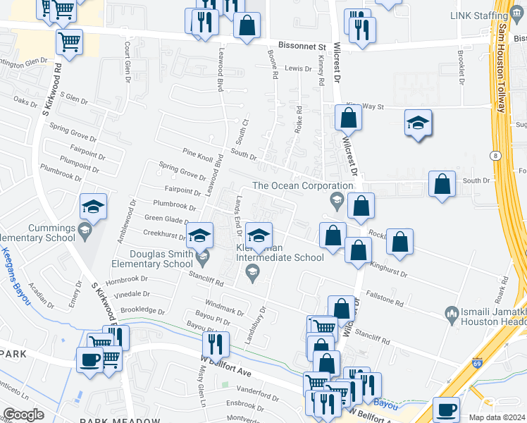 map of restaurants, bars, coffee shops, grocery stores, and more near 11000 Kinghurst Street in Houston