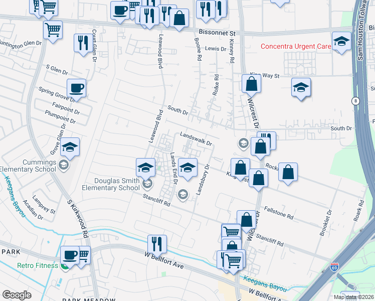 map of restaurants, bars, coffee shops, grocery stores, and more near 11000 Kinghurst Street in Houston