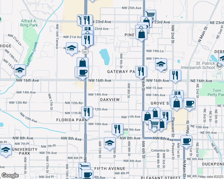 map of restaurants, bars, coffee shops, grocery stores, and more near 1003 Northwest 15 Avenue in Gainesville