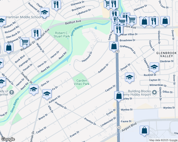 map of restaurants, bars, coffee shops, grocery stores, and more near 7426 Santa Fe Drive in Houston