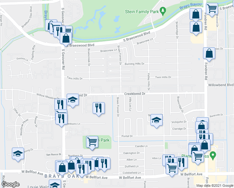 map of restaurants, bars, coffee shops, grocery stores, and more near 8088 Creekbend Drive in Houston