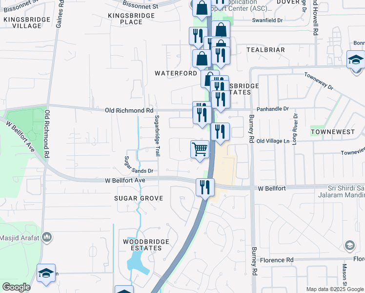map of restaurants, bars, coffee shops, grocery stores, and more near 10315 Low Bridge Lane in Sugar Land