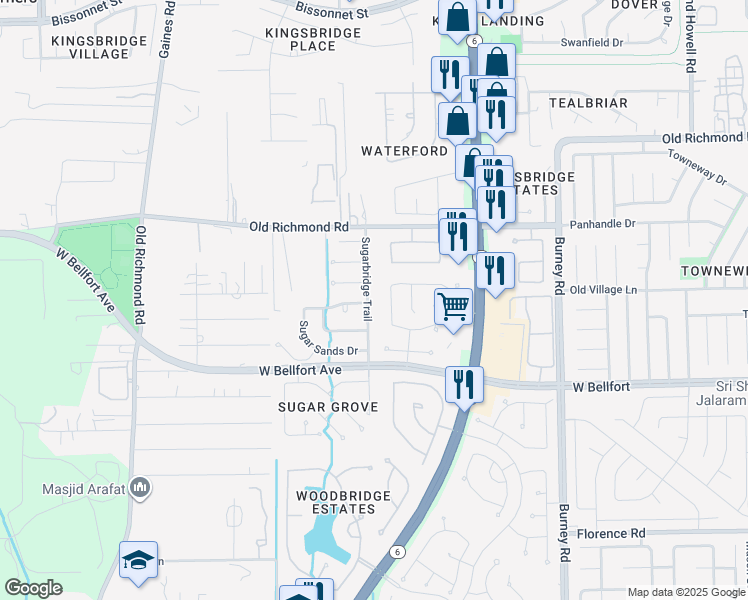 map of restaurants, bars, coffee shops, grocery stores, and more near 10247 Sugarbridge Trail in Sugar Land