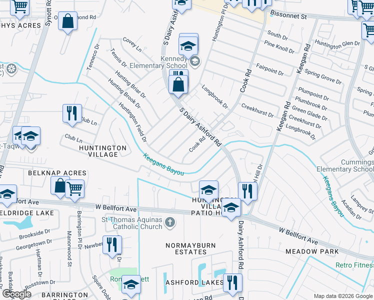 map of restaurants, bars, coffee shops, grocery stores, and more near 10506 Cook Road in Houston