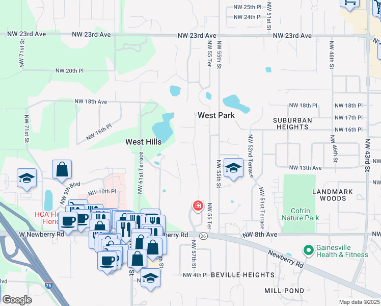 map of restaurants, bars, coffee shops, grocery stores, and more near 1416 Northwest 57 Street in Gainesville