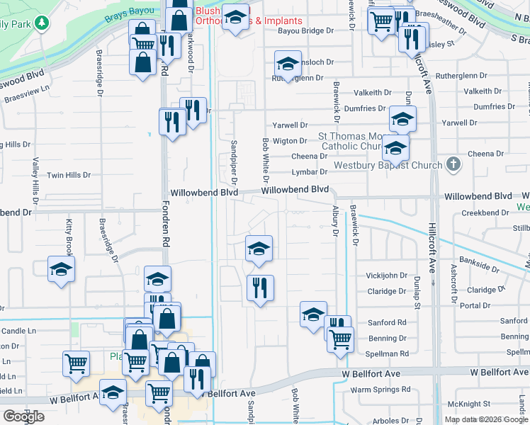 map of restaurants, bars, coffee shops, grocery stores, and more near 6303 Creekbend Drive in Houston