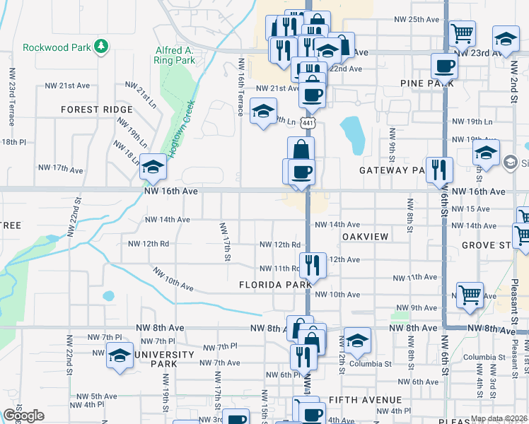 map of restaurants, bars, coffee shops, grocery stores, and more near 1606 Northwest 14th Avenue in Gainesville