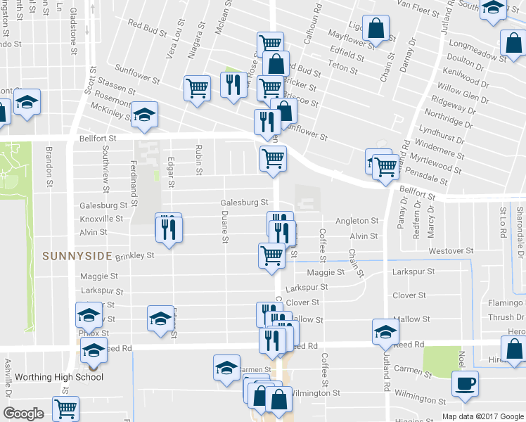 map of restaurants, bars, coffee shops, grocery stores, and more near 4647 Knoxville Street in Houston