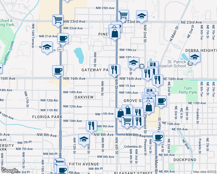 map of restaurants, bars, coffee shops, grocery stores, and more near 705 Northwest 15 Avenue in Gainesville
