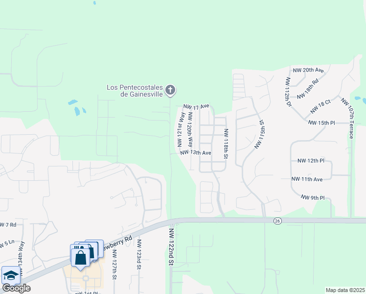 map of restaurants, bars, coffee shops, grocery stores, and more near 1337 Northwest 121st Way in Gainesville