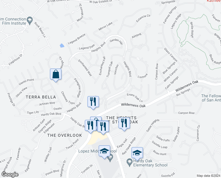 map of restaurants, bars, coffee shops, grocery stores, and more near 24038 Stately Oaks in San Antonio