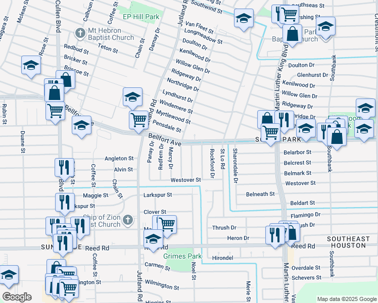 map of restaurants, bars, coffee shops, grocery stores, and more near 8110 Glenhollow Drive in Houston