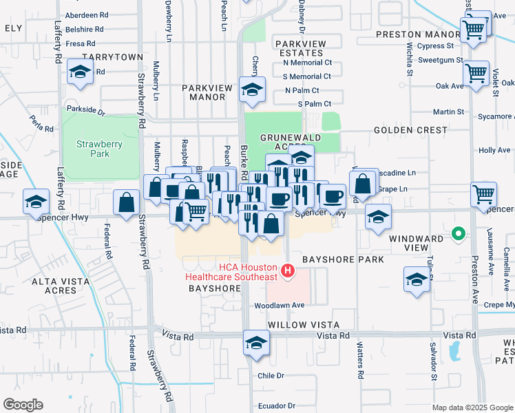 map of restaurants, bars, coffee shops, grocery stores, and more near 3807 Spencer Highway in Pasadena