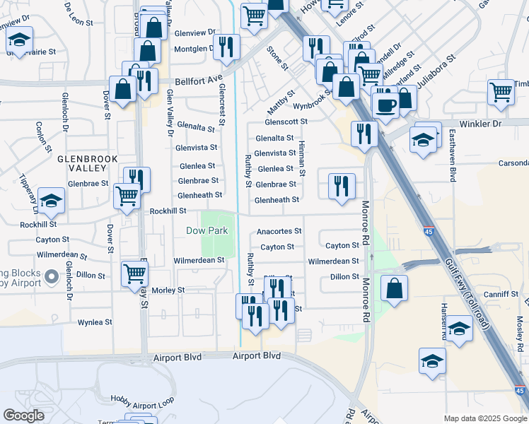 map of restaurants, bars, coffee shops, grocery stores, and more near 8115 Rockhill Street in Houston