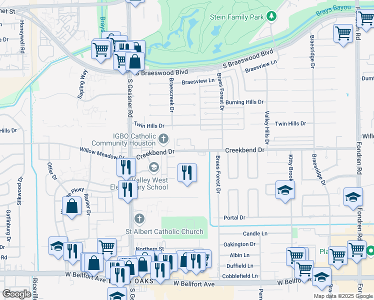 map of restaurants, bars, coffee shops, grocery stores, and more near 8104 Creekbend Drive in Houston