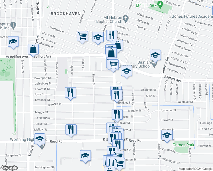 map of restaurants, bars, coffee shops, grocery stores, and more near 4639 Knoxville Street in Houston