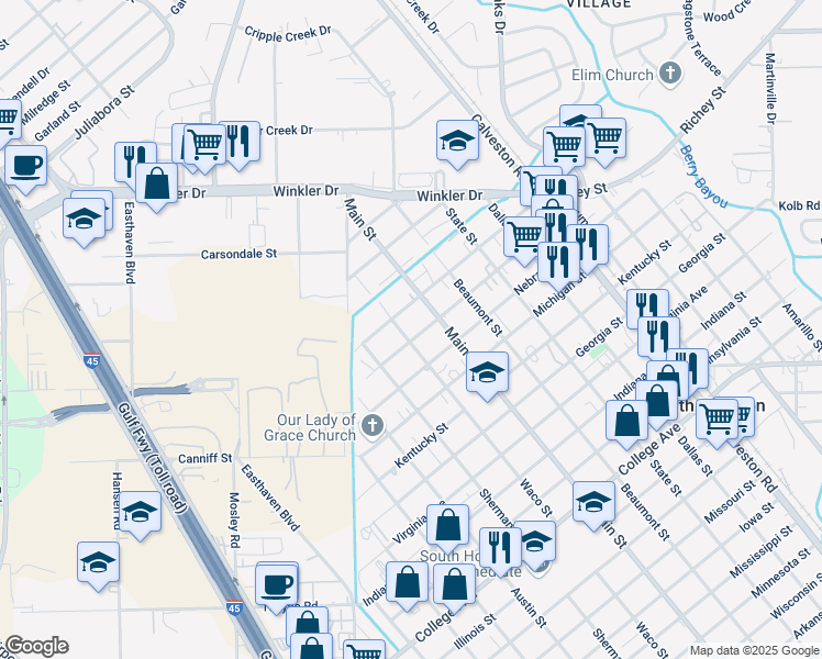 map of restaurants, bars, coffee shops, grocery stores, and more near 913 Kansas Avenue in South Houston