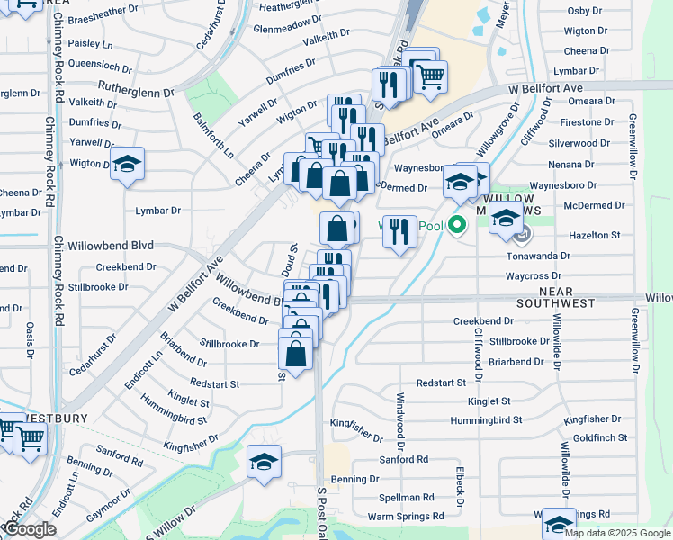 map of restaurants, bars, coffee shops, grocery stores, and more near 10601 South Post Oak Road in Houston