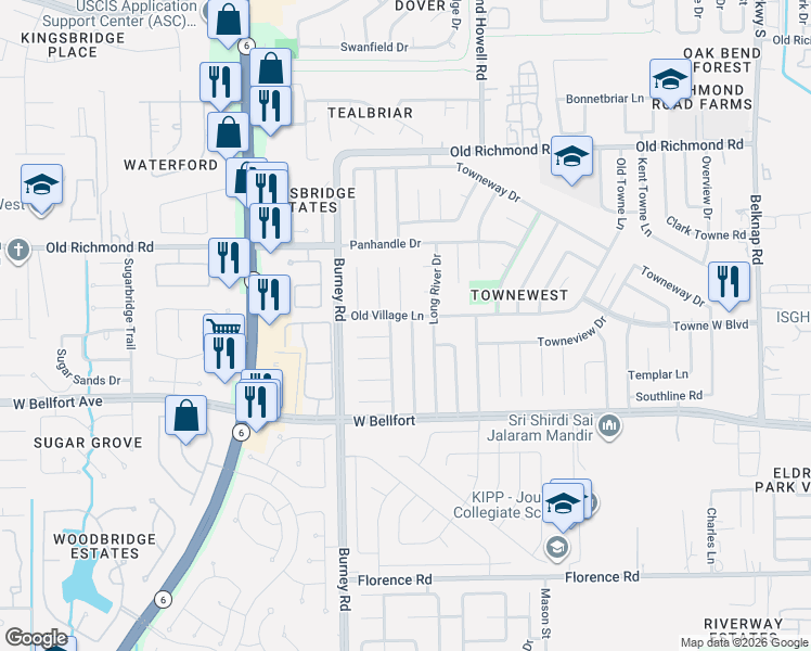 map of restaurants, bars, coffee shops, grocery stores, and more near 10406 Permian Drive in Sugar Land