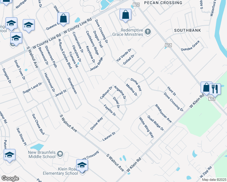 map of restaurants, bars, coffee shops, grocery stores, and more near 532 Briscoe Drive in New Braunfels