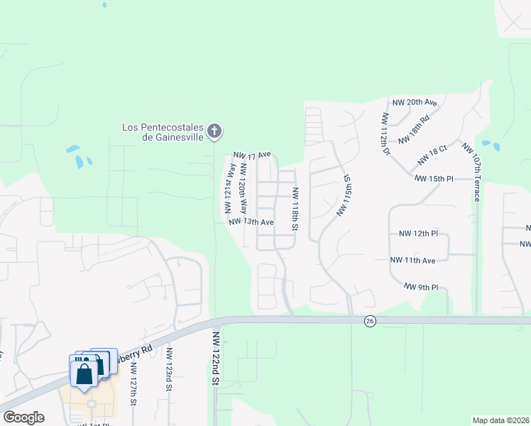 map of restaurants, bars, coffee shops, grocery stores, and more near 1348 Northwest 120th Terrace in Gainesville