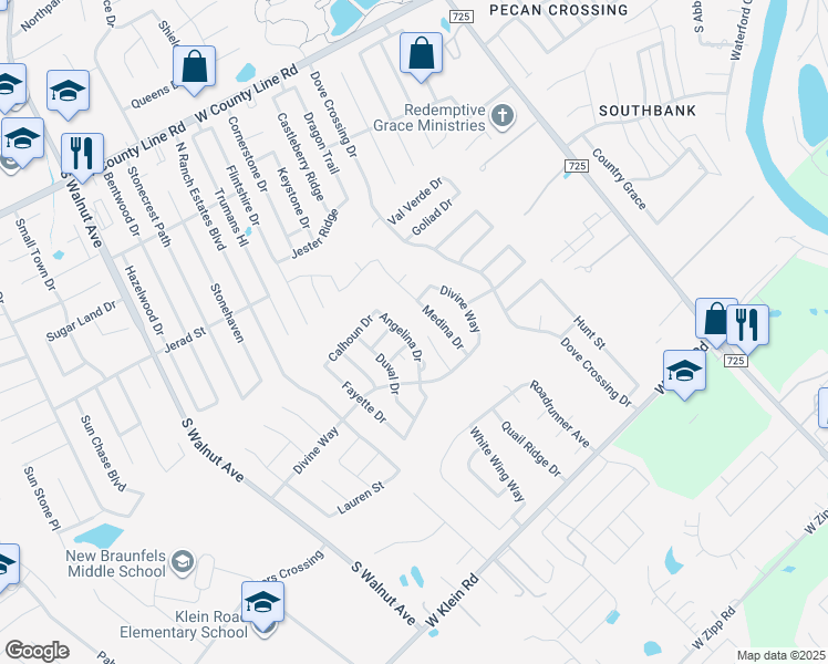 map of restaurants, bars, coffee shops, grocery stores, and more near 2441 Angelina Drive in New Braunfels