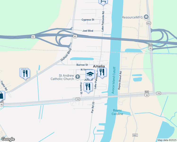 map of restaurants, bars, coffee shops, grocery stores, and more near 153-399 North Verret Street in Morgan City