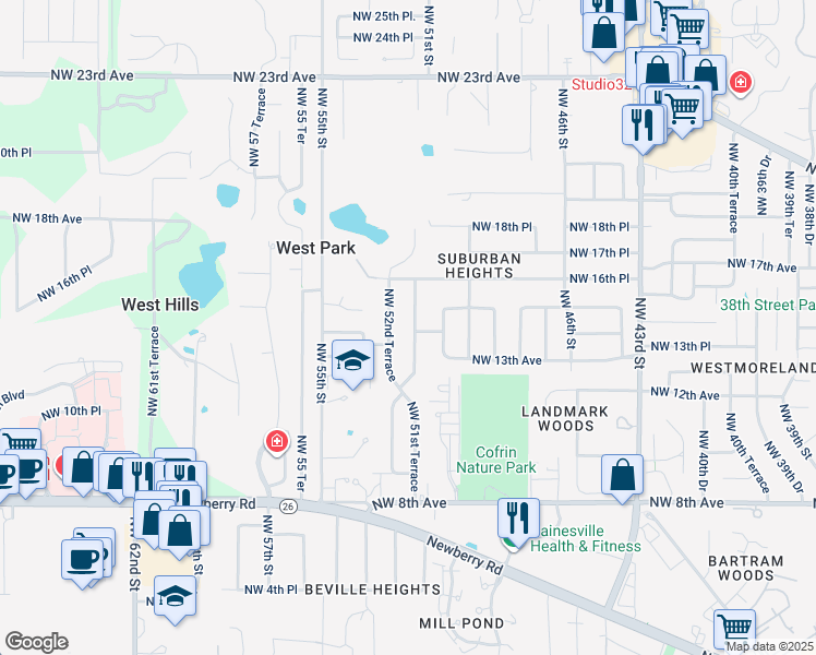 map of restaurants, bars, coffee shops, grocery stores, and more near 1408 Northwest 51st Terrace in Gainesville