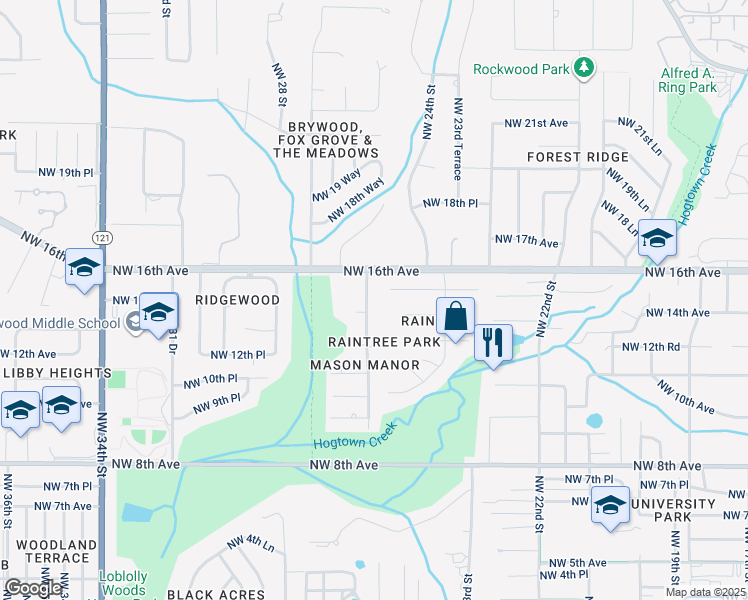 map of restaurants, bars, coffee shops, grocery stores, and more near 1415 Northwest 25th Terrace in Gainesville