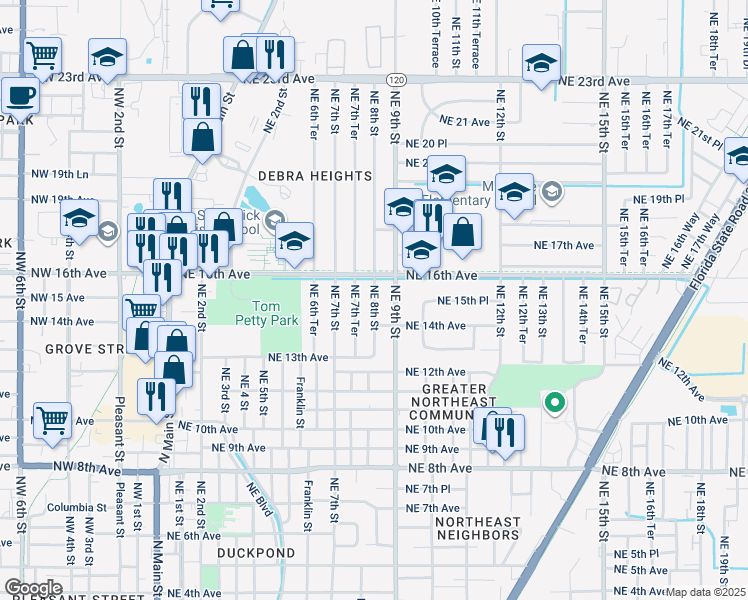 map of restaurants, bars, coffee shops, grocery stores, and more near 1425 Northeast 8th Street in Gainesville